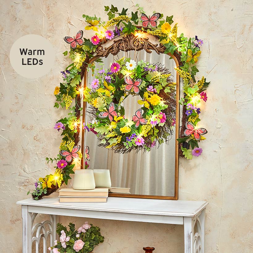 Summer Butterfly and Flower Lighted Wreath or Garland-Seasonal Decor