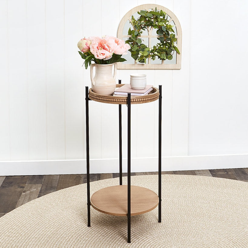 Two Tiered Round Side Table with Beaded Edge Design 13" dia x 26"H