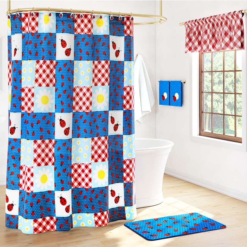 Ladybug Shower Curtain, Bath Rug, Hand Towels, Valance, or Hooks