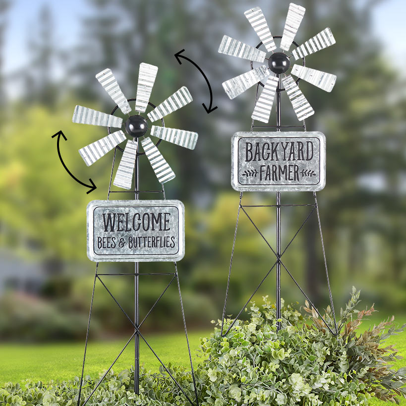 Wind Spinner Stake 32 Inch Height With Welcome or Backyard Farmer Sign