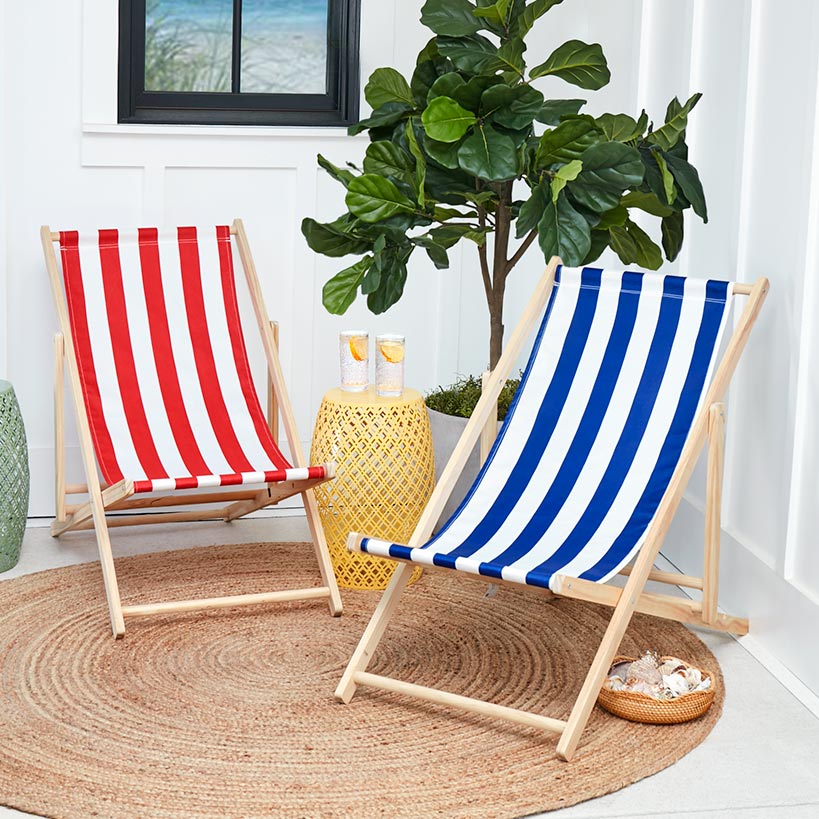 Foldable Patio Sling Lounge Chair with Stripes - Blue or Red