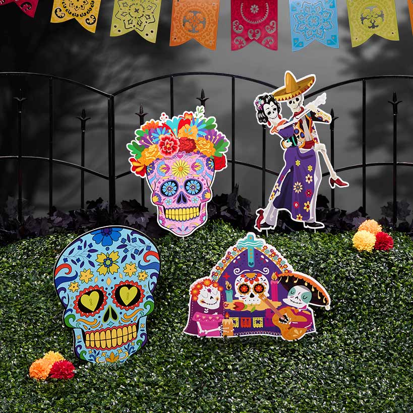 Day of the Dead Festive Colorful Stakes - Set of 4