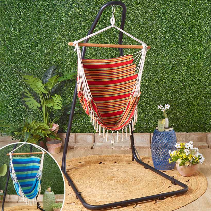 Outdoor Hammock Hanging Striped Chair or Black Metal Stand