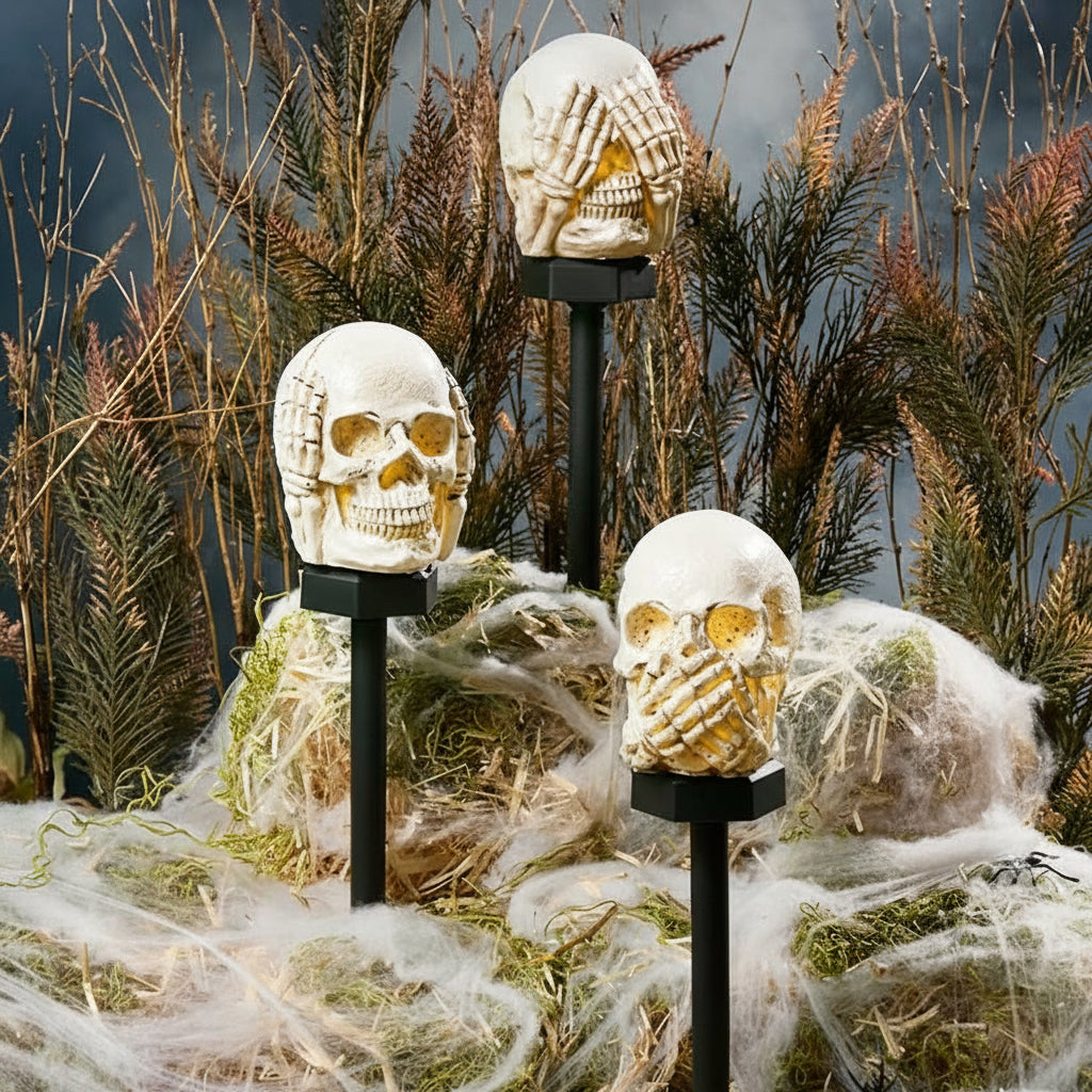 Halloween Hear, See and Speak No Evil Skull Solar Stakes - Set of 3