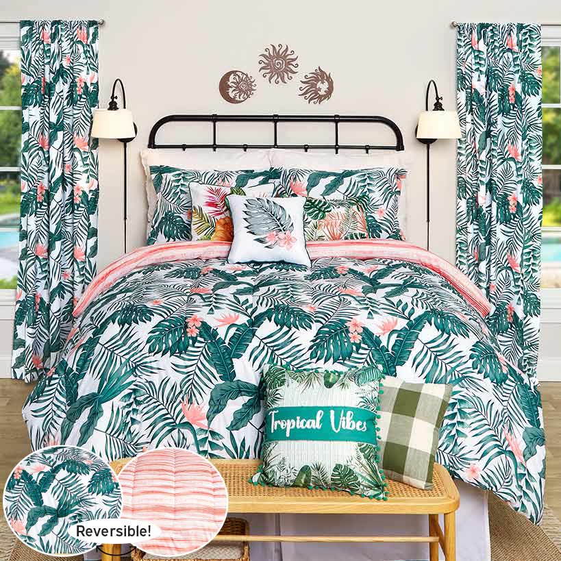 Palm Floral Reversible Full/Queen or King Comforter Set, Decorative Pillow