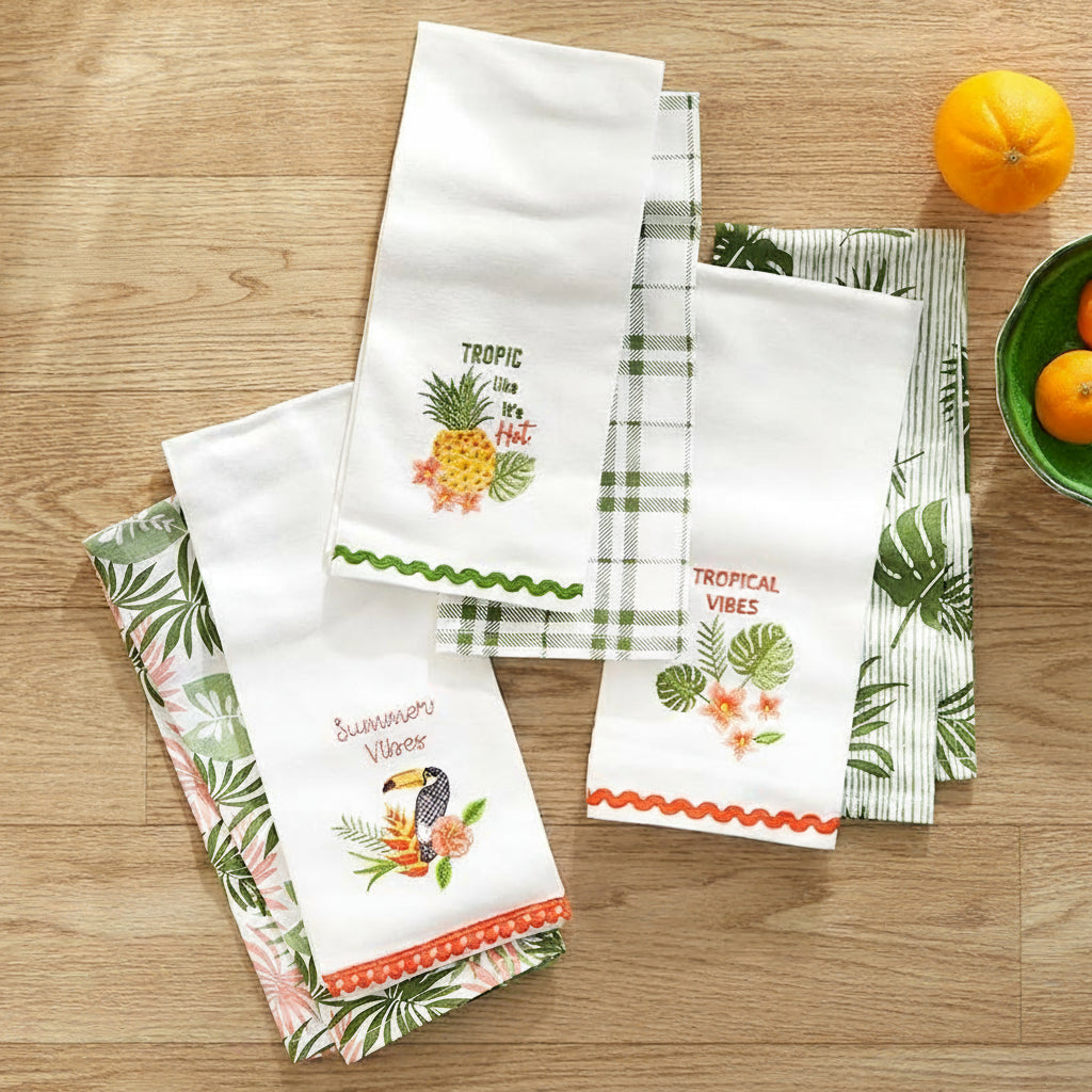 Tropical Embroidered Kitchen Towels, Set of 2