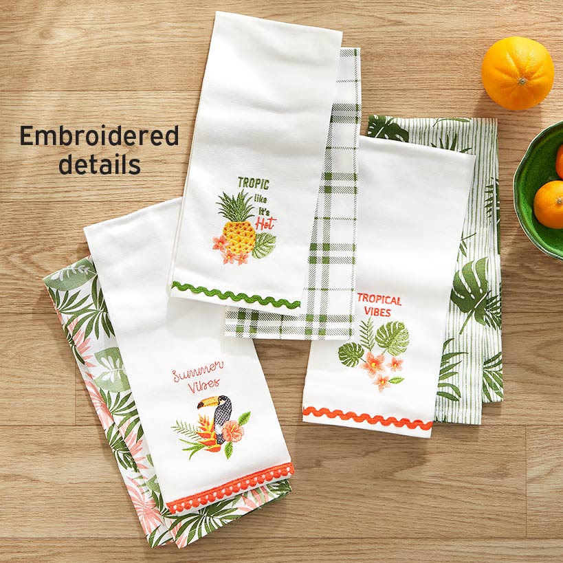 Tropical Embroidered Kitchen Towels, Set of 2