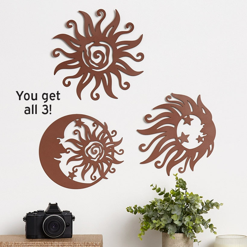 Wall Art Celestial Metal 3 Piece Set Sun And Moon Decor