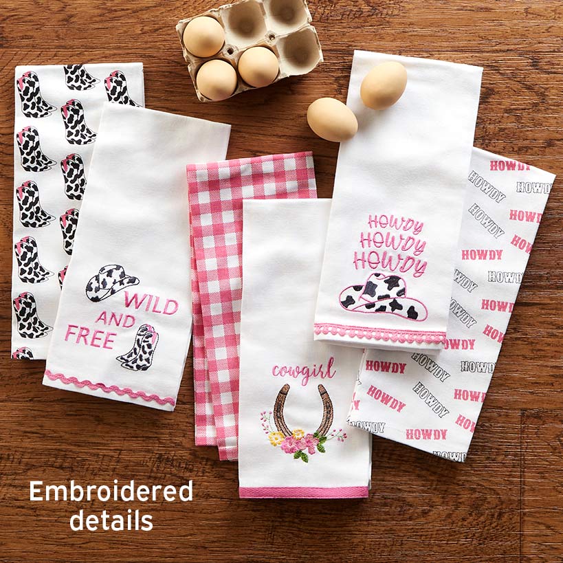 Cowgirl Themed Embroidered Kitchen Towels, Set of 2