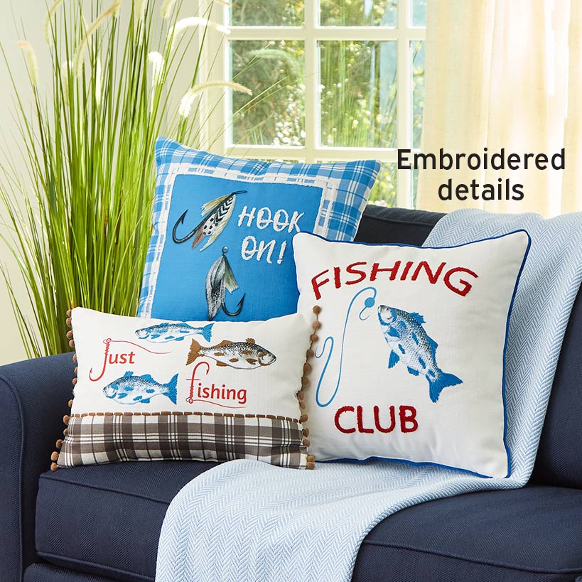 Fishing and Lake Themed Embroidered Decorative Pillow