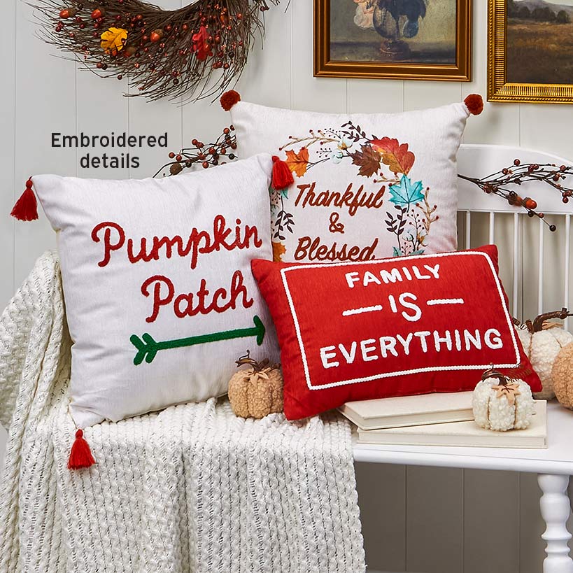 Thankful Harvest Embroidered Decorative Pillow