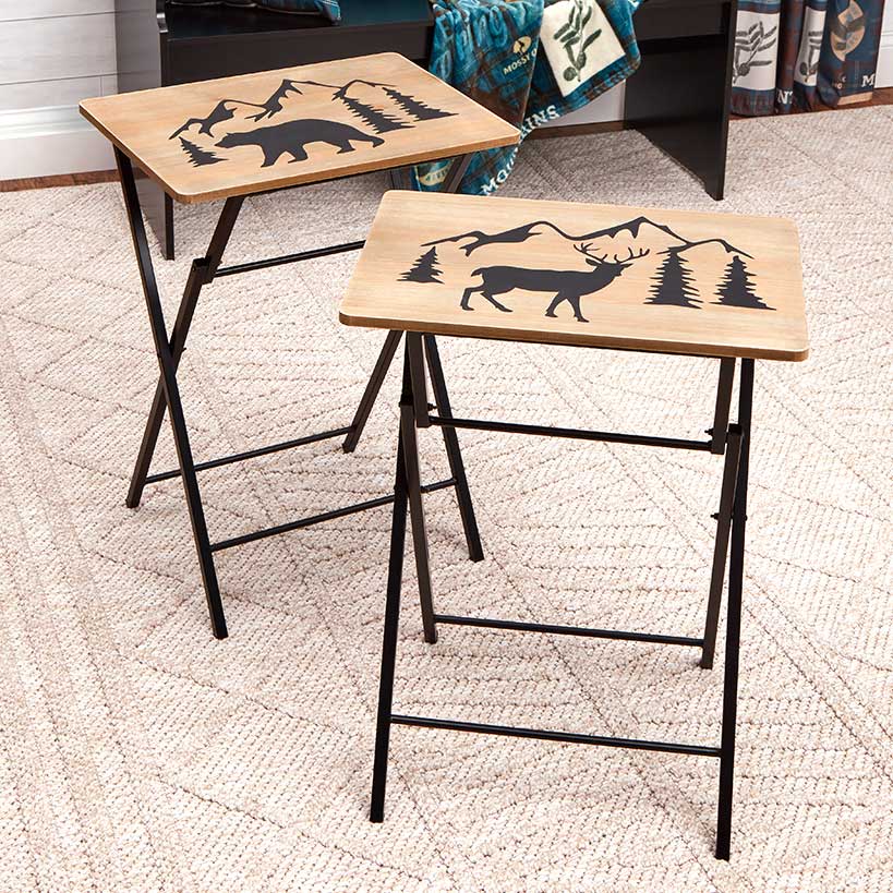 Portable Wood Folding Tray Table in Lodge Design - Bear or Deer