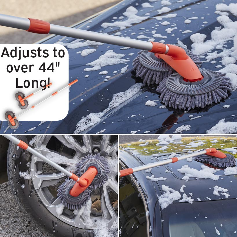 Microfiber Car Cleaning Brush with Double Mop, Extends 44" Long