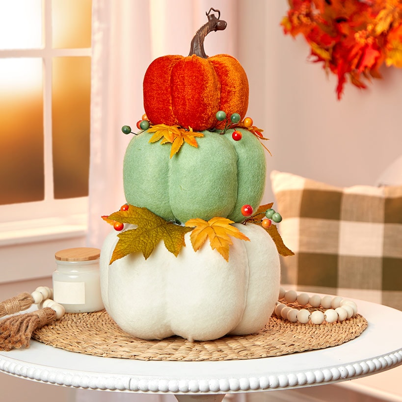 Fall Stacked Felt Orange, Green, and White Pumpkin Decor