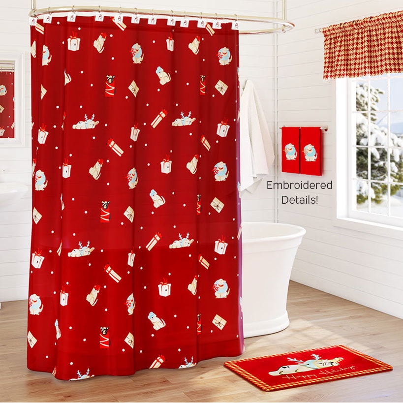 Christmas Dogs Shower Curtain, Bath Rug, Hand Towels, Valance, or Hooks
