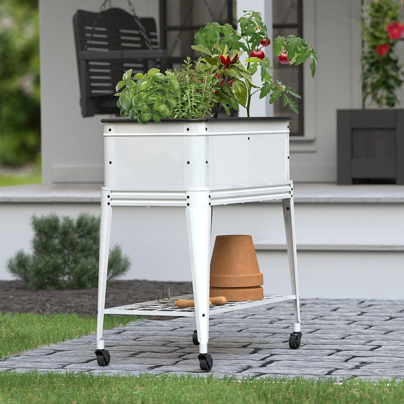 Modern Farmhouse Elevated Garden Planter with Wheels and Storage Shelf
