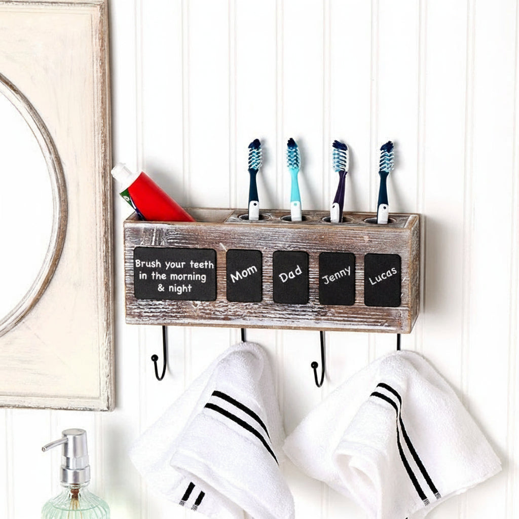 Bathroom Wooden Toothbrush Holder with Chalkbaord Labels