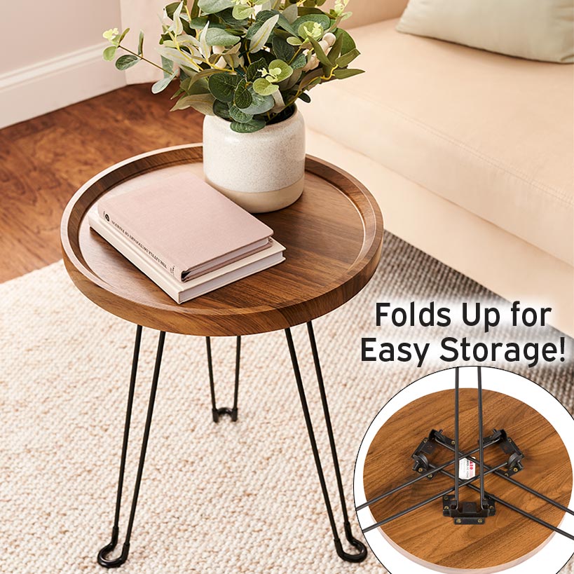 Round Wooden Side Table with Metal Foldable Legs - 15"D