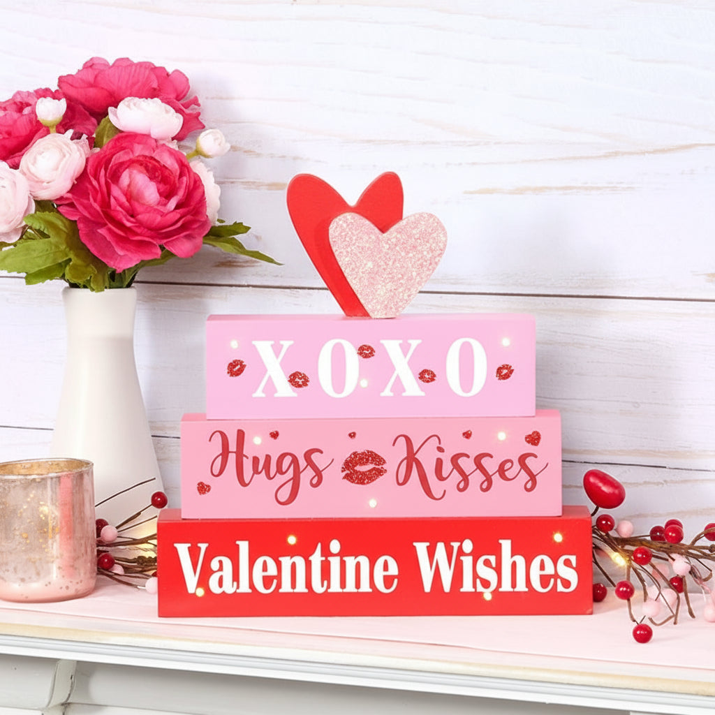 Valentine's Lighted Stacked Pink And Red Block Sign With Message
