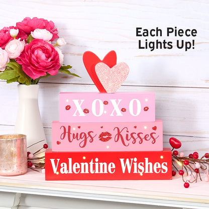 Valentine's Lighted Stacked Pink And Red Block Sign With Message