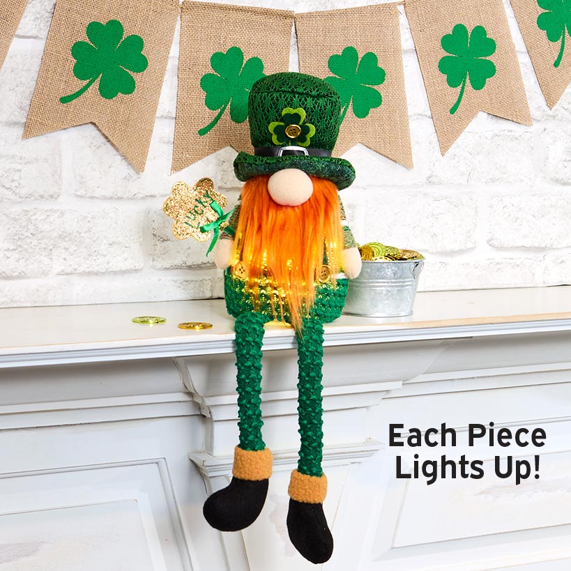 St Patrick's Lighted Green Leprechaun Gnome Shelf Sitter