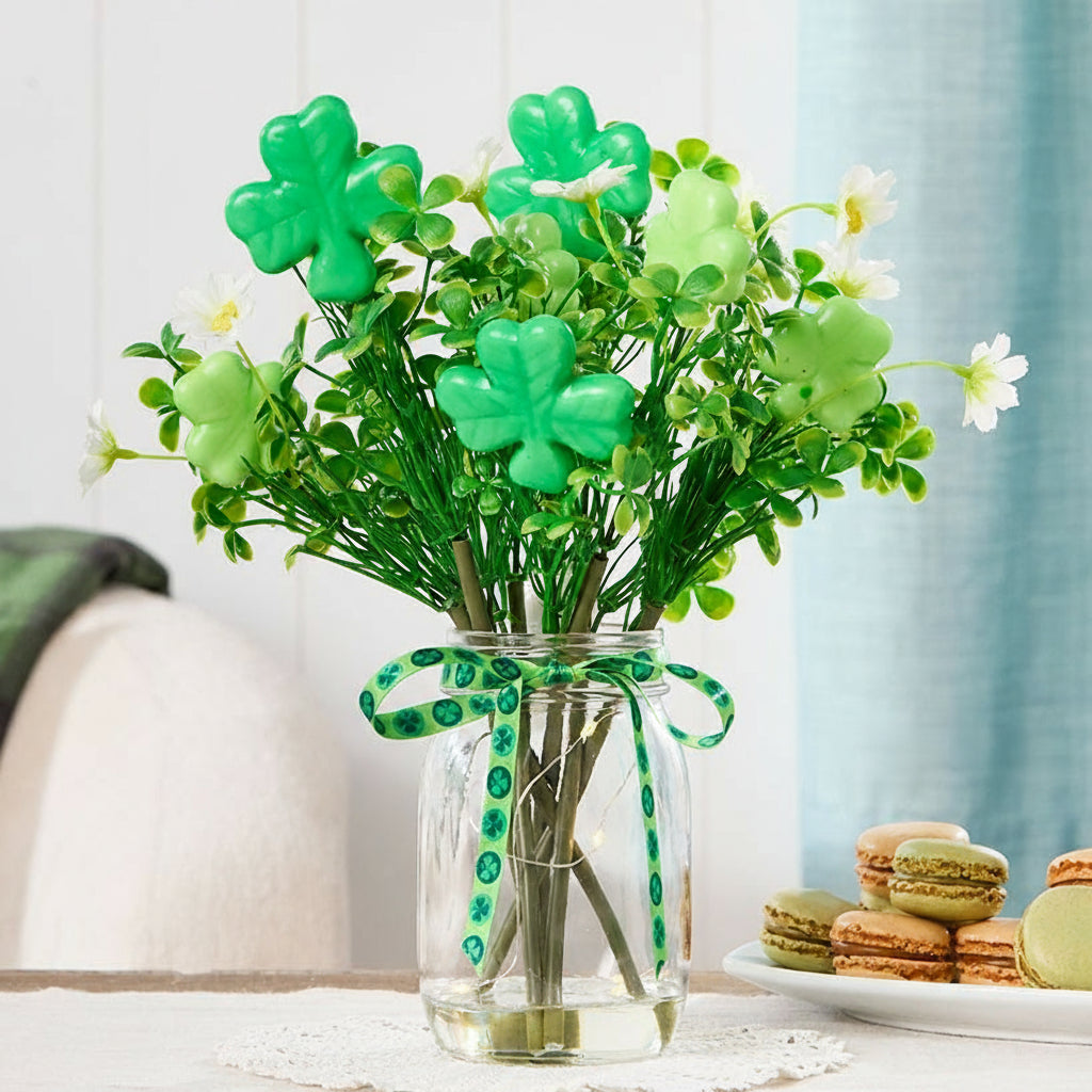 St Patrick's Fairy Light Vase With Green Shamrock Bouquet
