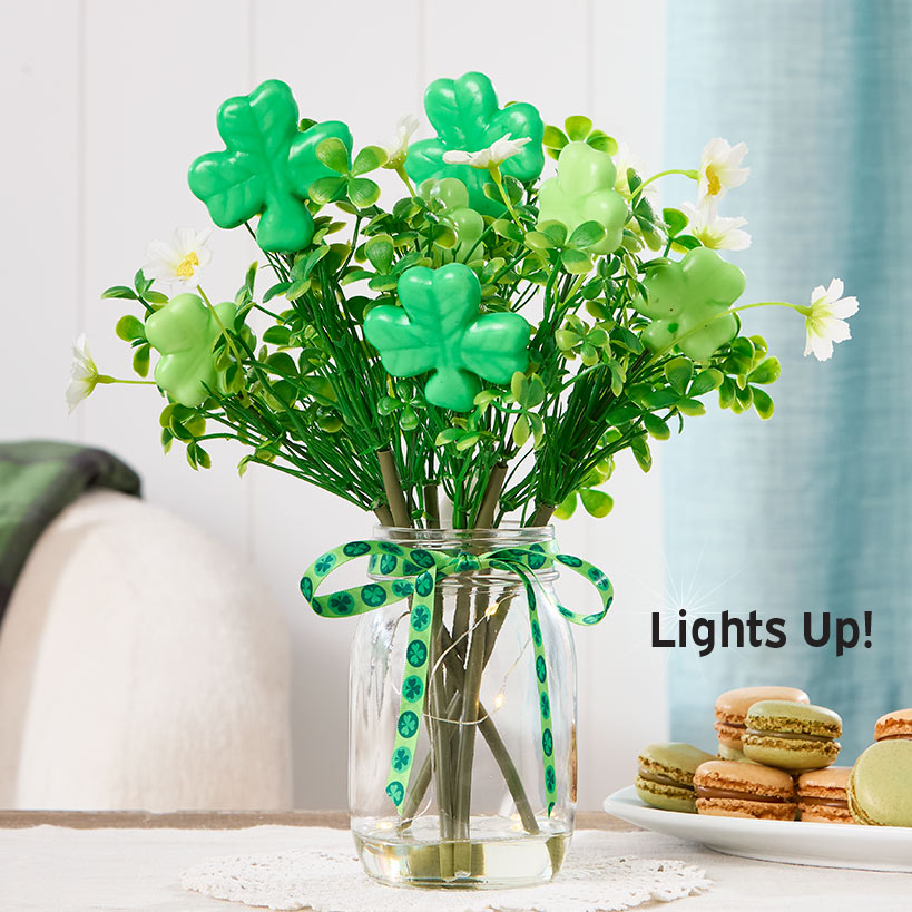 St Patrick's Fairy Light Vase With Green Shamrock Bouquet