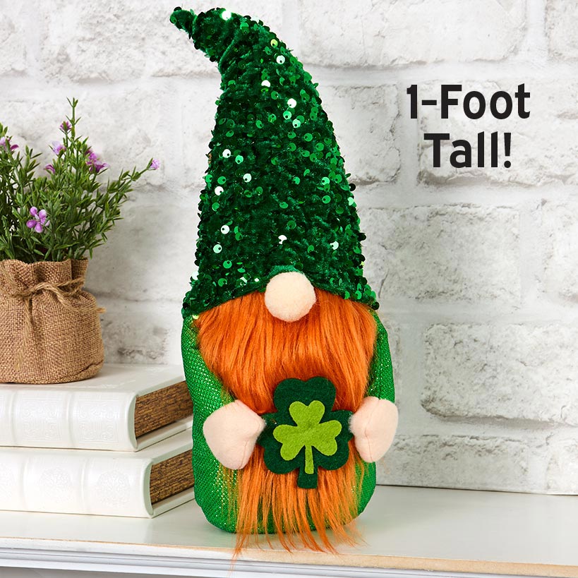 St Patrick's Plush Gnome Shelf Sitter With Green Sequin Hat