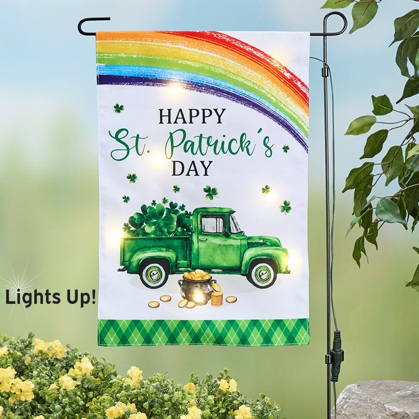 St Patricks Garden Solar Flag And Pole With Green Truck And Rainbow
