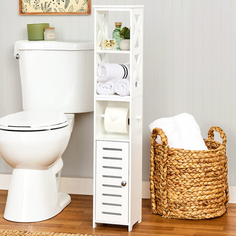 Bathroom Storage Unit with Toilet Paper Dispenser, 2 Shelves, and Cupboard