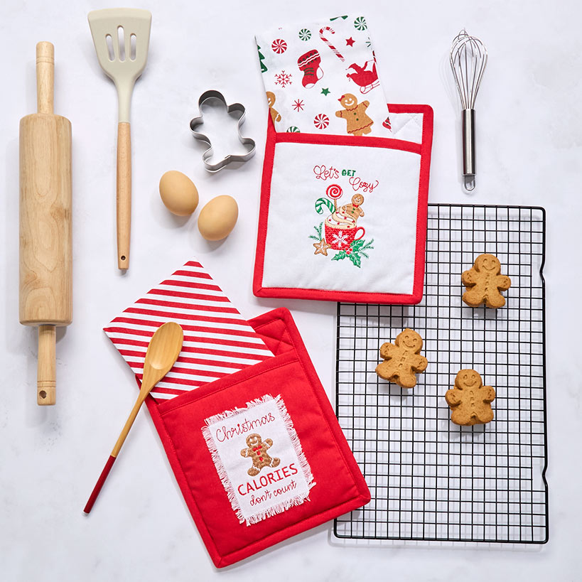 Holiday Kitchen Gift Set: Towel, Pot Holder Wooden Spoon or Cookie Cutter