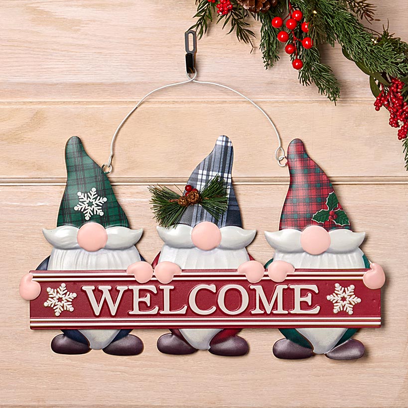 Winter Gnome Trio Metal Welcome Sign
