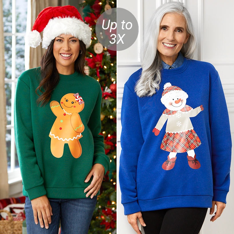 Women's Christmas Crew Neck Sweatshirt - Gingerbread or Snowman