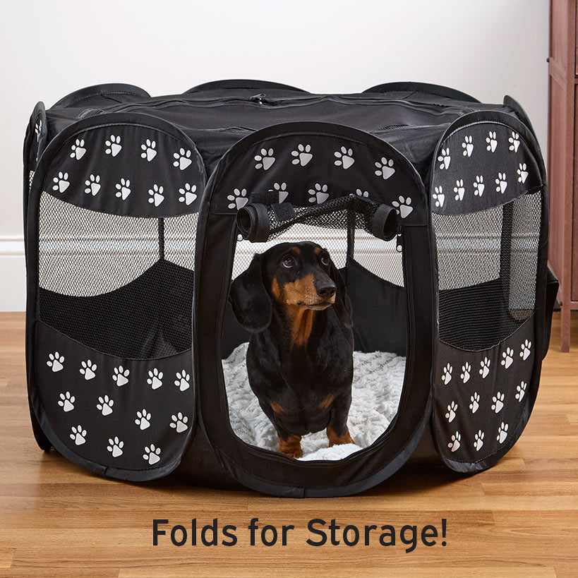 Portable Paw-Print Playpen - Mesh Sides, Zippered Top, Water-Resistant Base