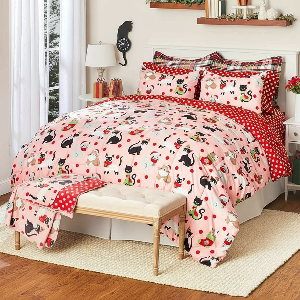 Cat Christmas Complete King Comforter Set