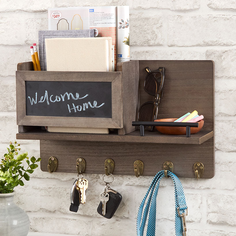 Wall Mounted Entryway Organizer Shelf with Chalkboard and Mail Bin