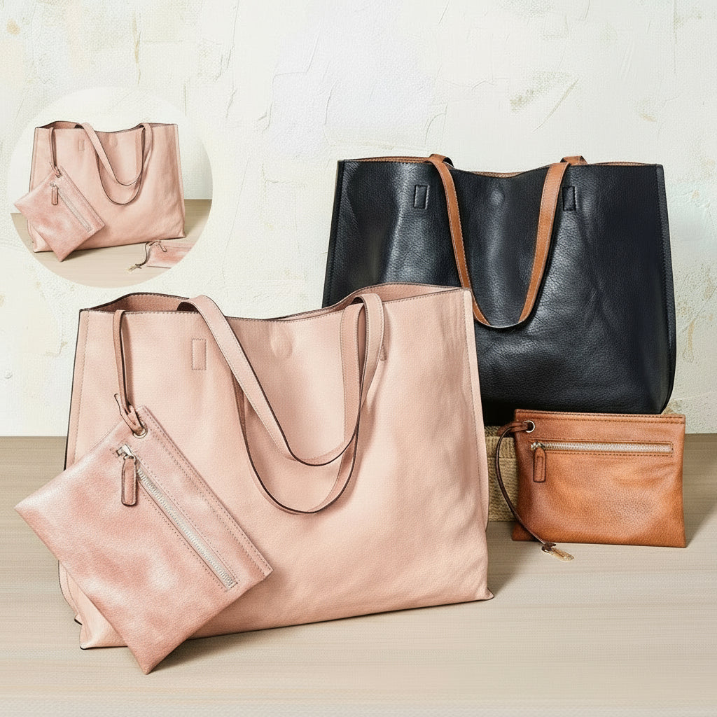 Women's Faux Leather Reversible Tote Bag with Matching Purse