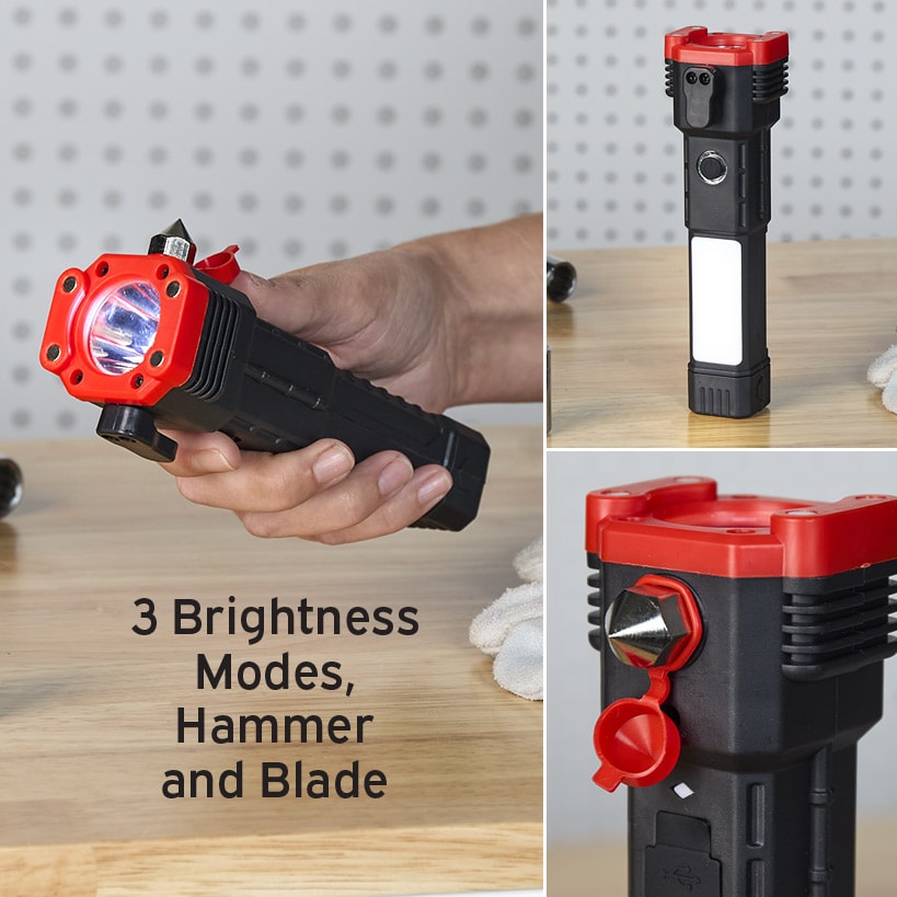 Rechargeable COB Flashlight With Safety Hammer and Blade