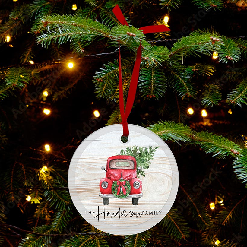 Personalized Red Truck Glass Ornament