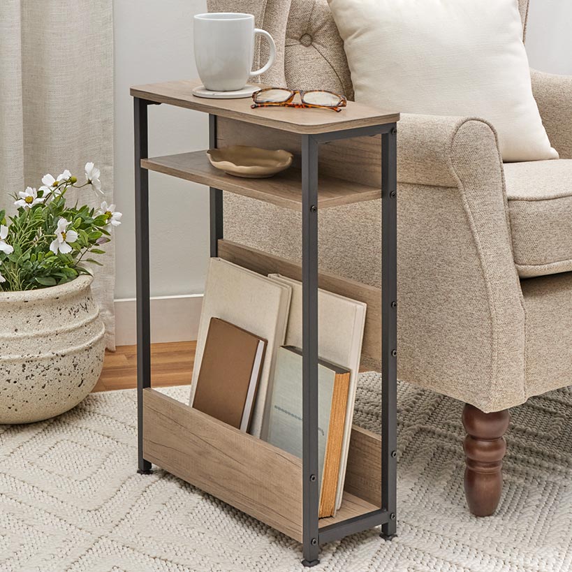 Narrow End Table with Shelf and Magazine Holder - 24"H