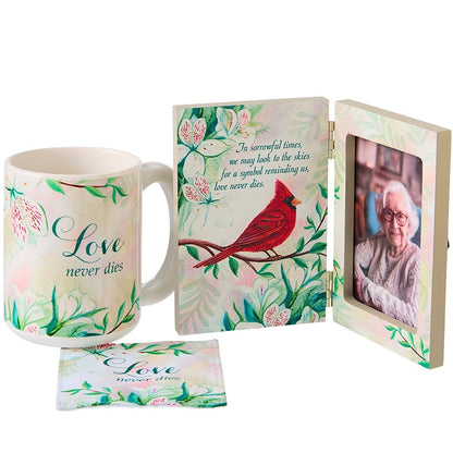 Cardinal Love Never Dies Mug & Coaster Set or Frame