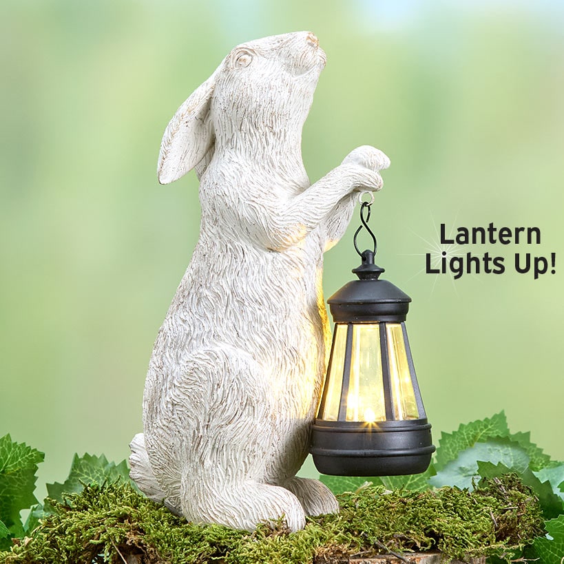 Solar White Bunny Garden Statue Holding Lantern