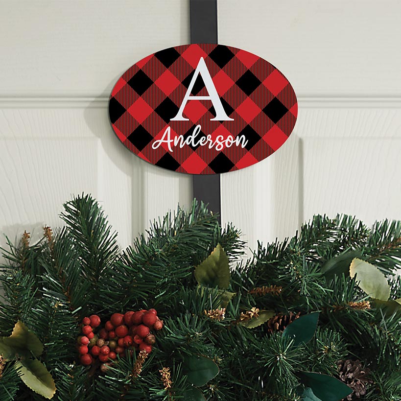 Personalized Buffalo Check Name & Initial Wreath Hanger or Oval Plaque