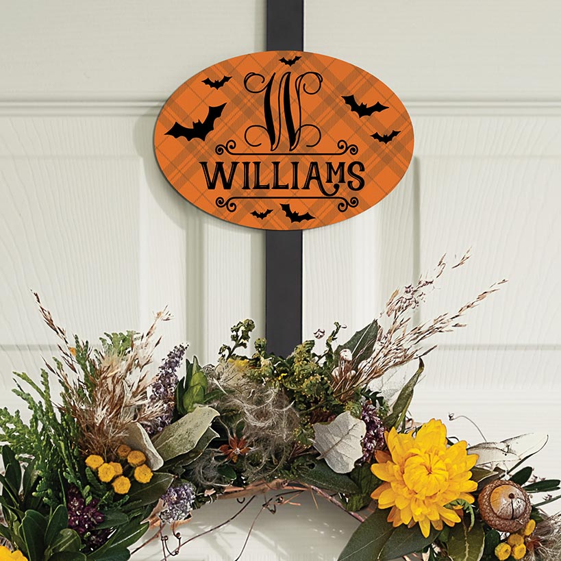Personalized Halloween Bats Door Wreath Hanger or Oval Metal Plaque