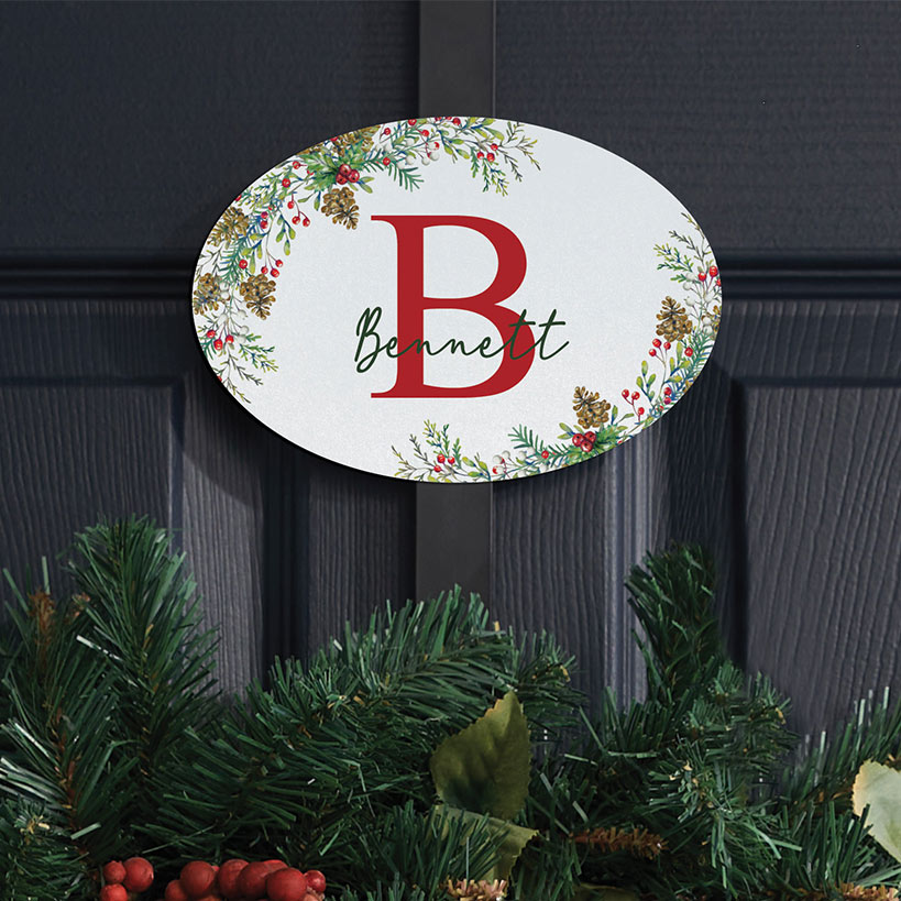 Personalized Christmas Pine Wreath Door Hanger or Metal Plaque