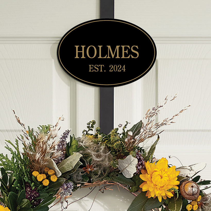 Personalized Family Name Black and Gold Wreath Hanger or Oval Plaque