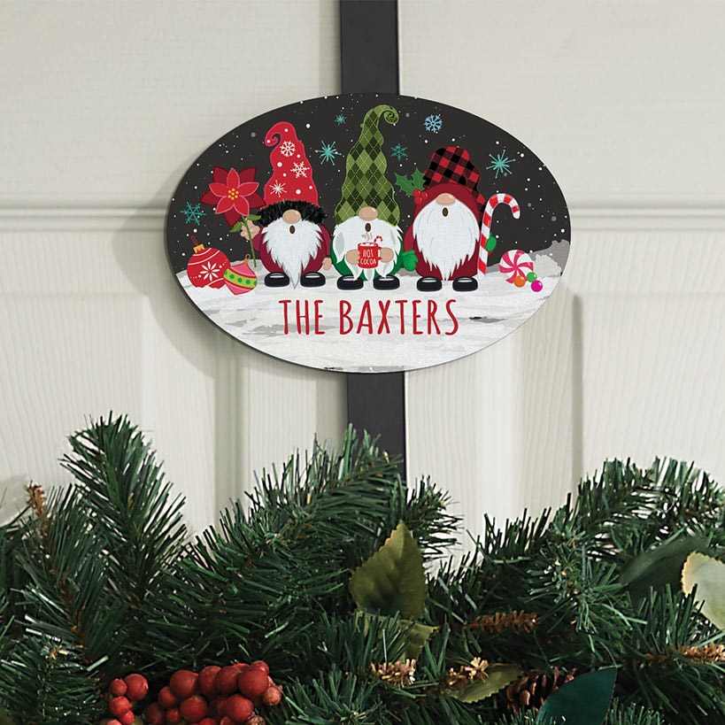Personalized Christmas Gnomes Wreath Door Hanger or Oval Metal Plaque