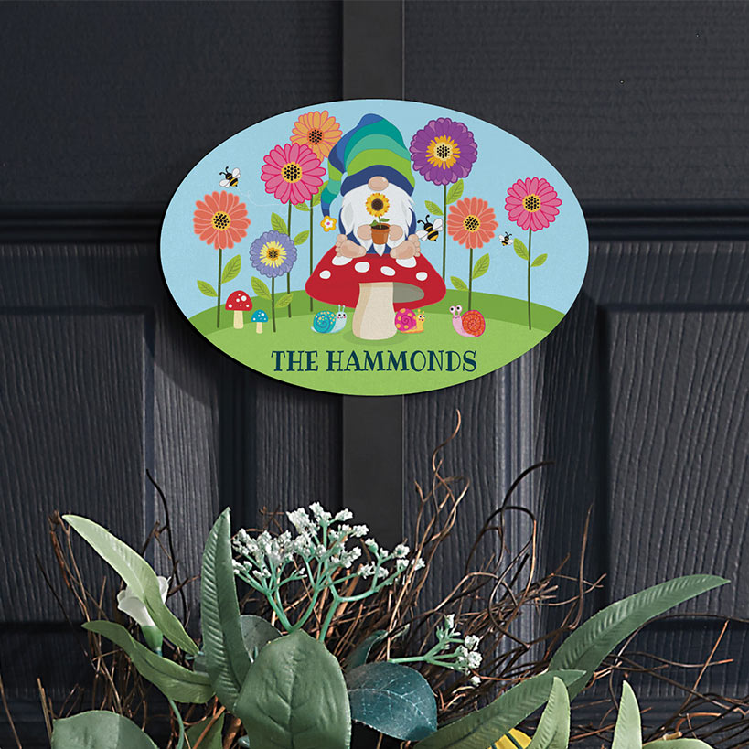 Personalized Floral Gnome Wreath Door Hanger or Oval Plaque