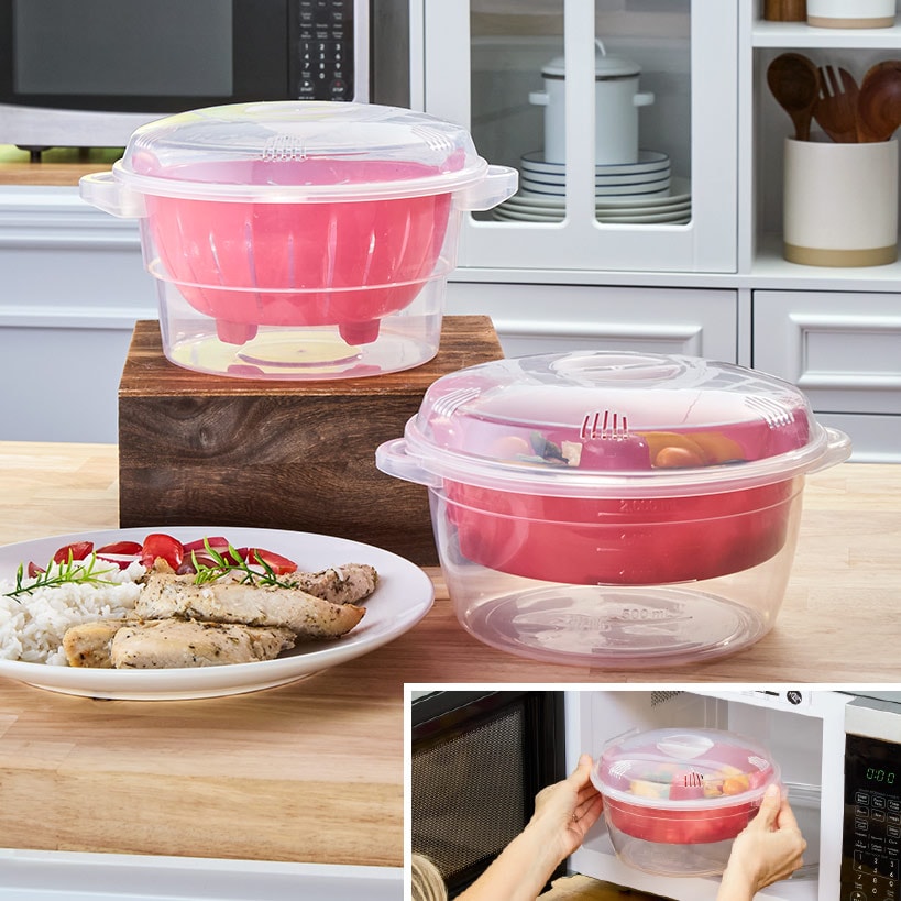 Compact Microwave Rice Cooker or Vegetable Steamer with Lid