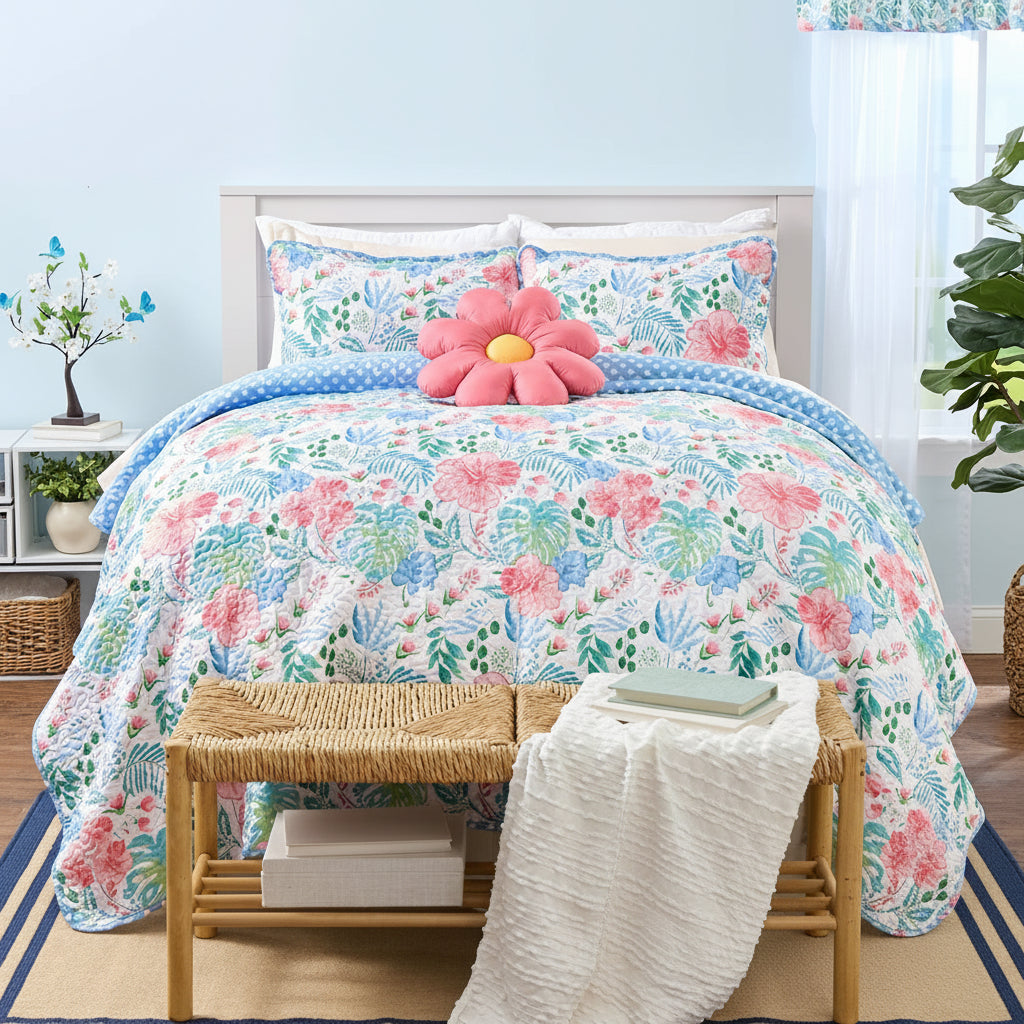 Tropical Garden Full/Queen or King Quilt, Sham, Decorative Pillow